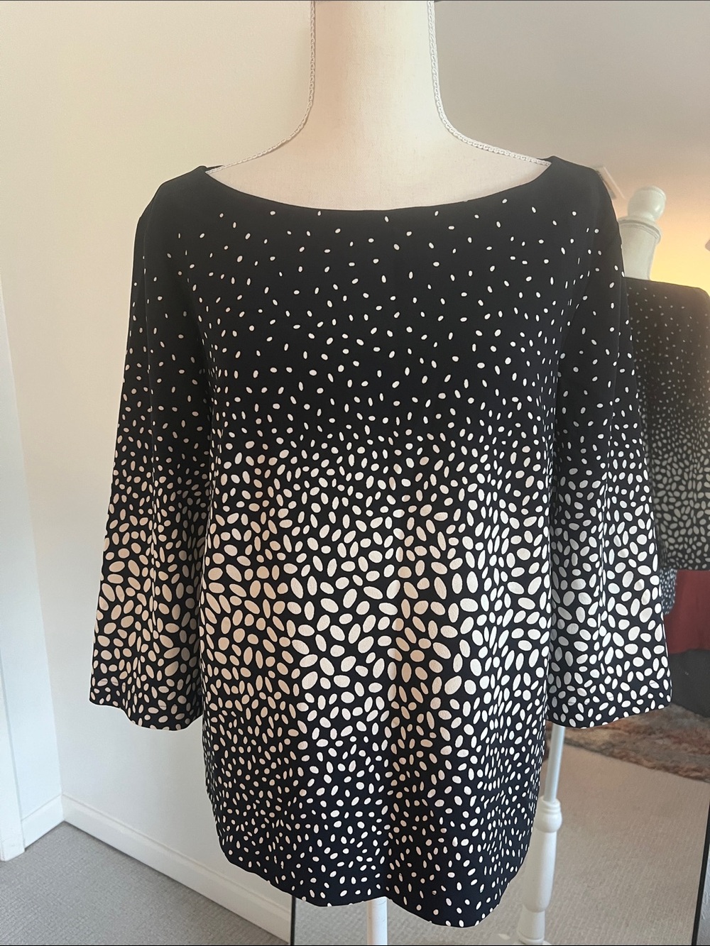 Ann Taylor Navy Blouse with Cream Dot Detail